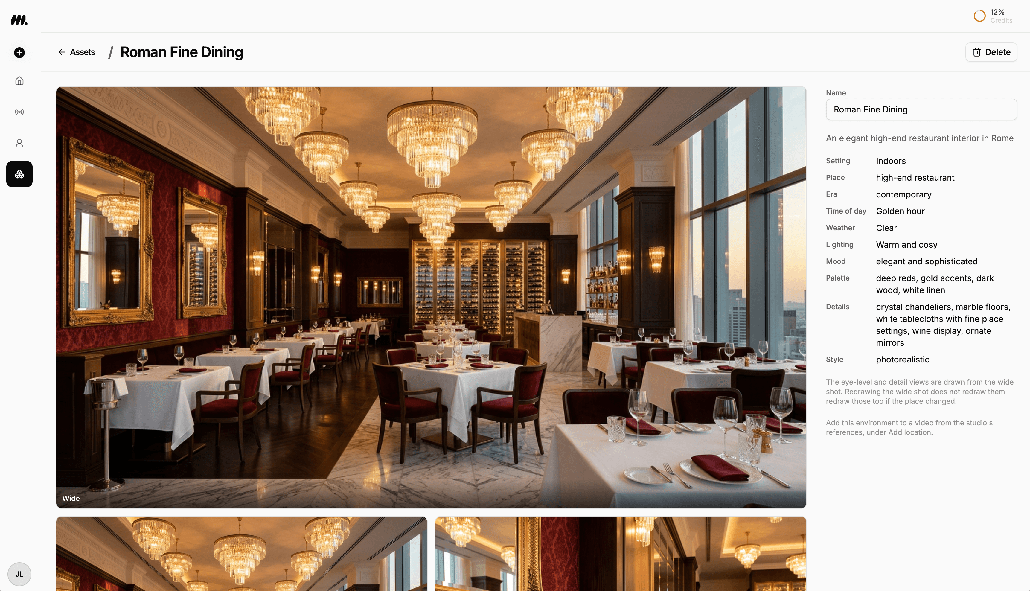 Moralab environment workspace showing a generated restaurant beside lighting, mood, and place settings