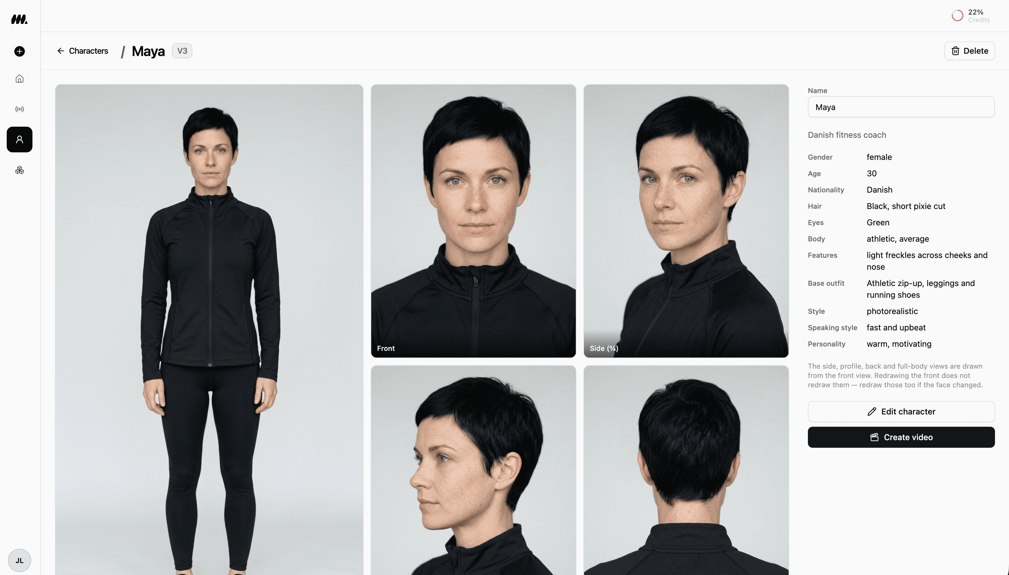 Maya in the Moralab character workspace with generated views and persona settings.