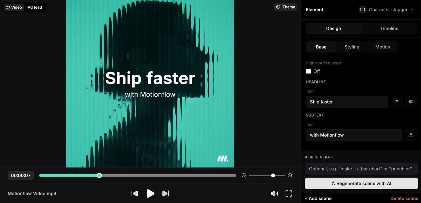Scene text and animation controls in the Moralab editor